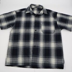 CalTop Plaid Button Down Shirt Mens Large Navy Blue Short Sleeve Made in USA Y2K